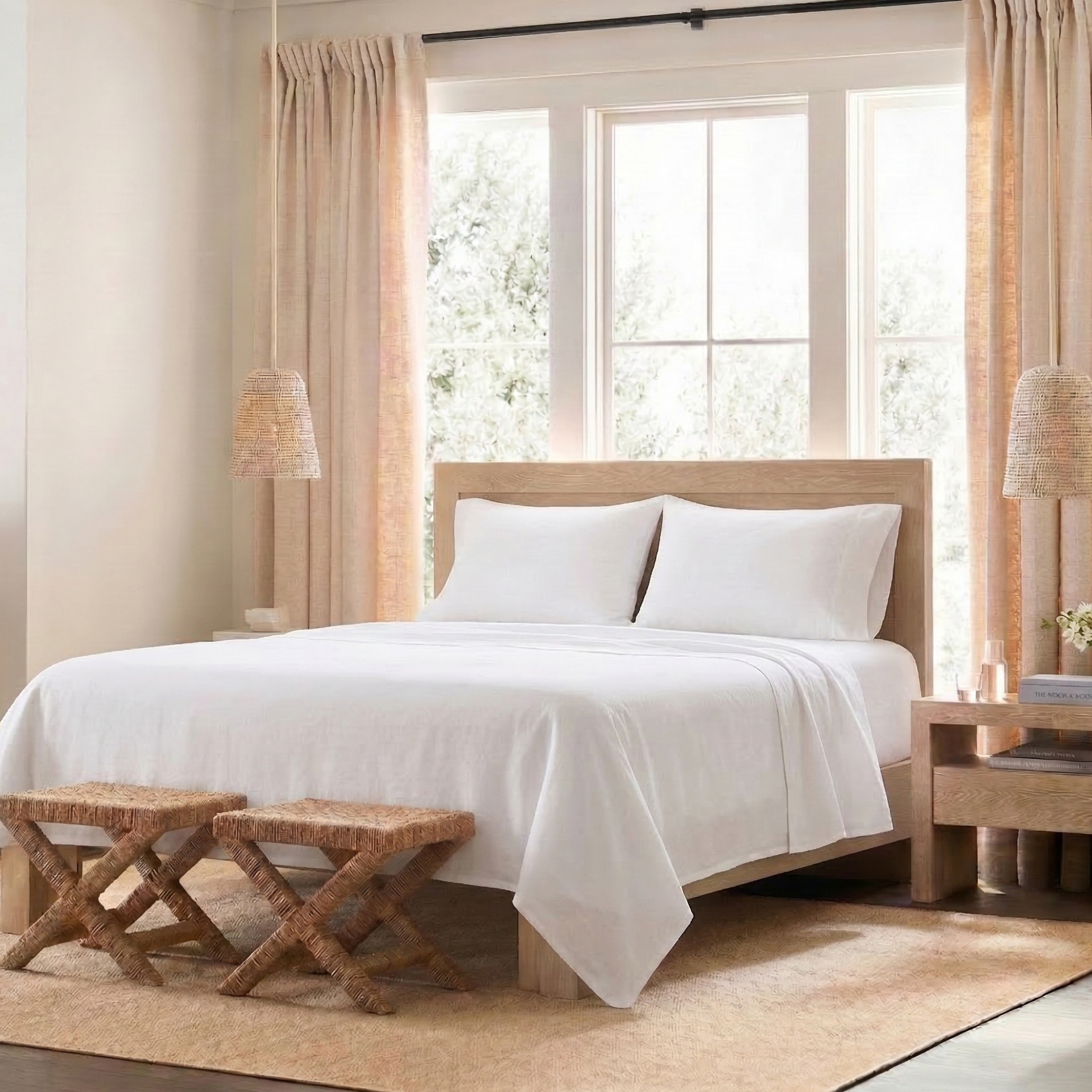 Bright and airy sleep sanctuary featuring the Crisp White 55% Linen 45% Cotton Blend Sheet Set - DAUAOTO