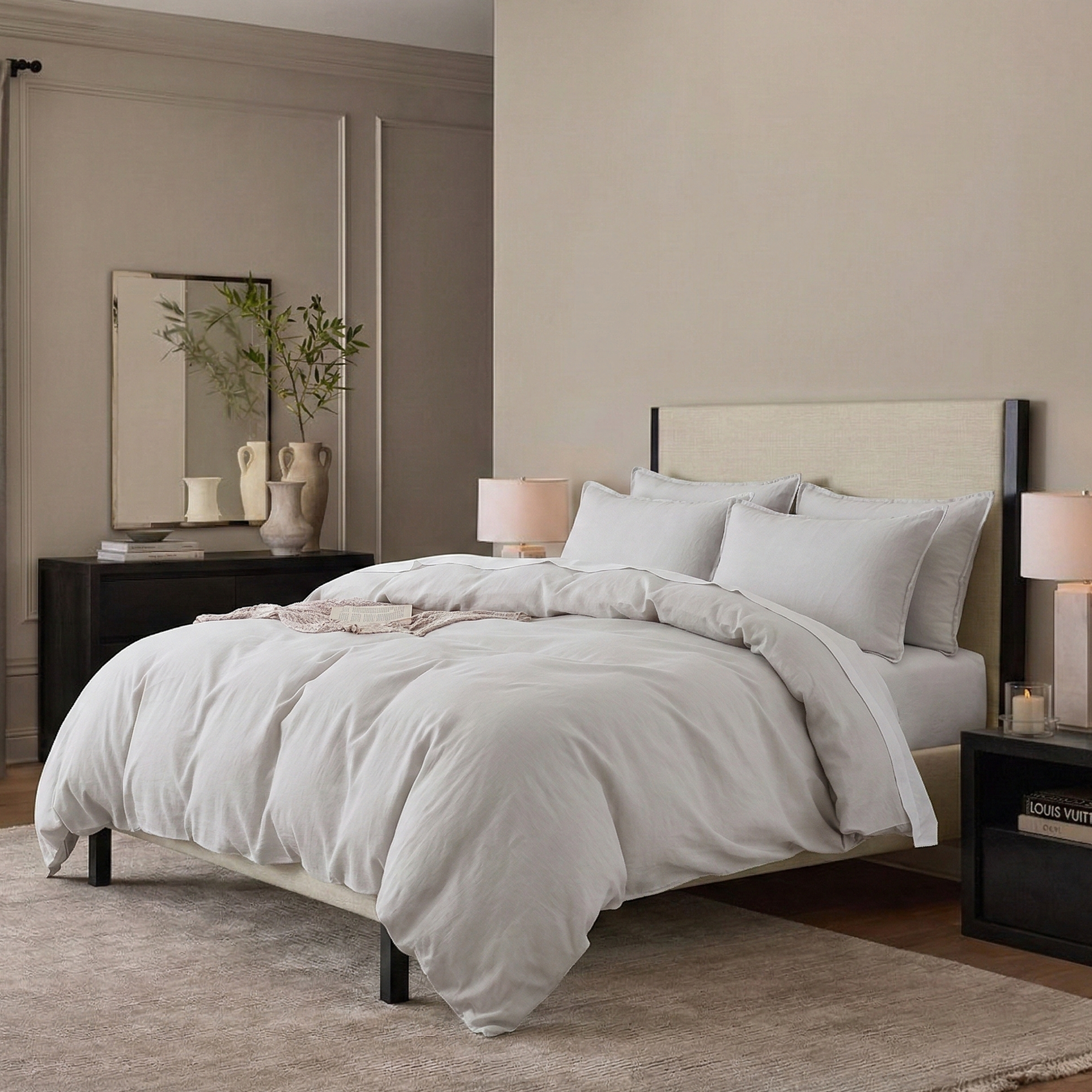 Minimalist sophisticated sanctuary featuring the Dove Grey 55% Linen 45% Cotton Blend Duvet Cover Set - DAUAOTO