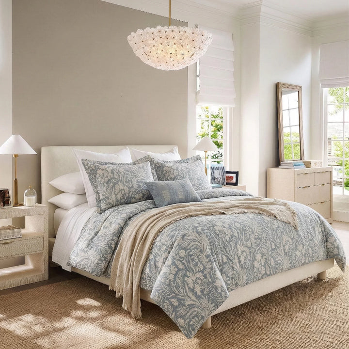 Coastal chic oasis bedroom featuring the Dusty Blue Botanical 100% pure cotton duvet cover set - DAUAOTO
