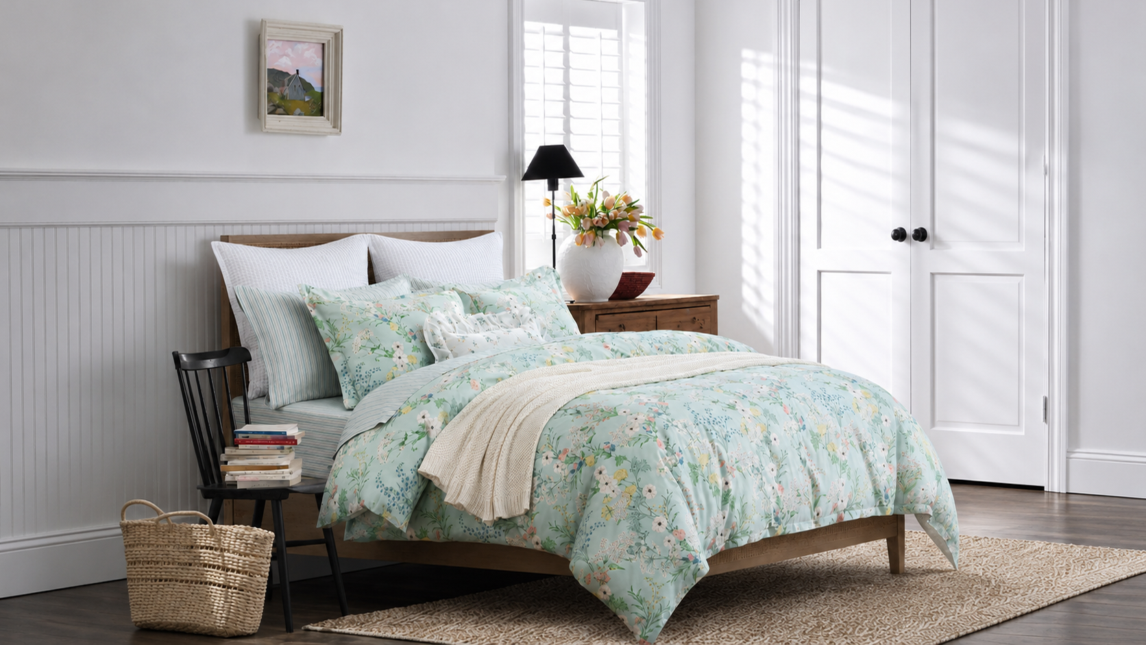 A bright modern bedroom featuring DAUAOTO's light green floral printed duvet cover set on a wooden bed.