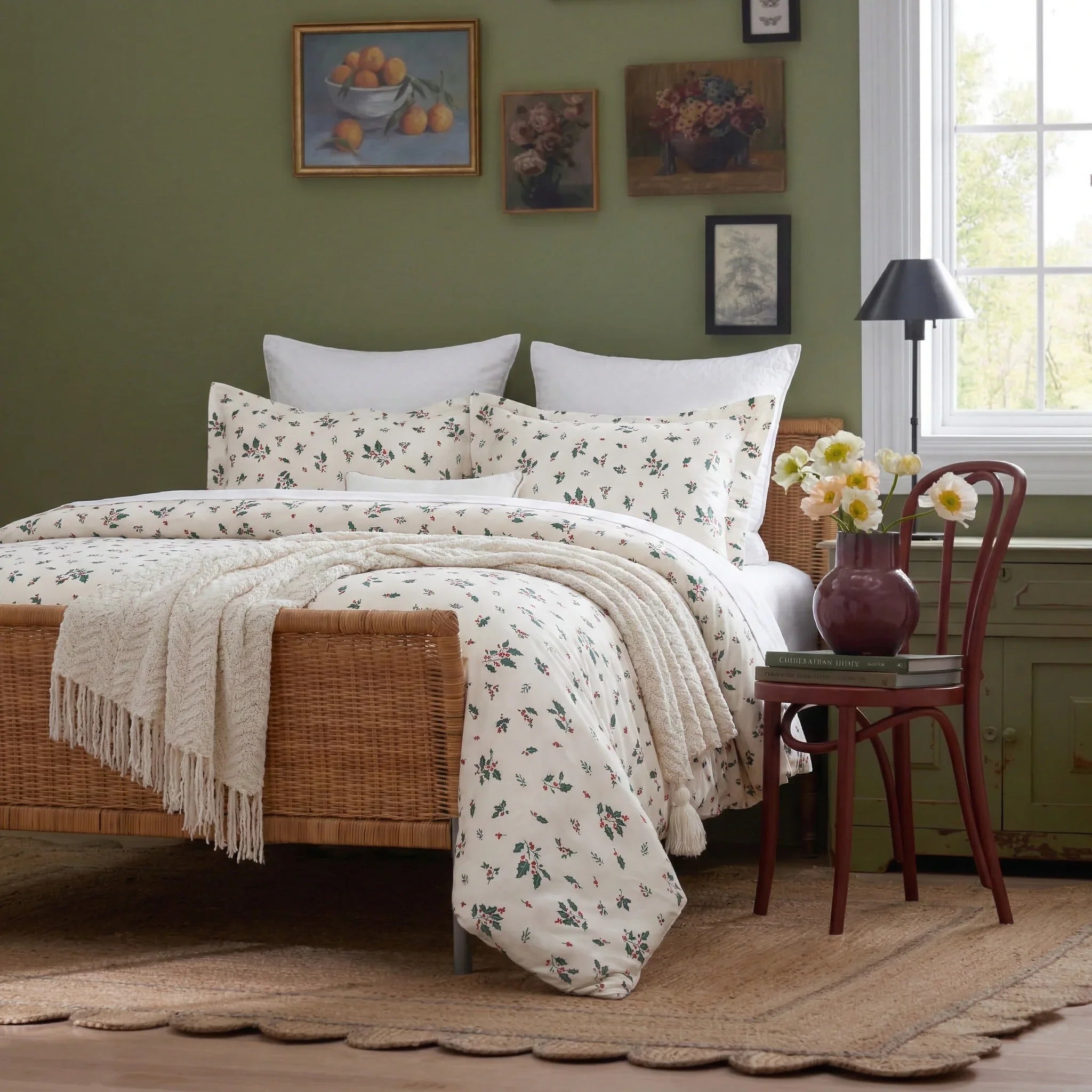 Cozy winter wonderland bedroom featuring the Festive Holly Berry 100% cotton duvet cover set on a woven bed - DAUAOTO
