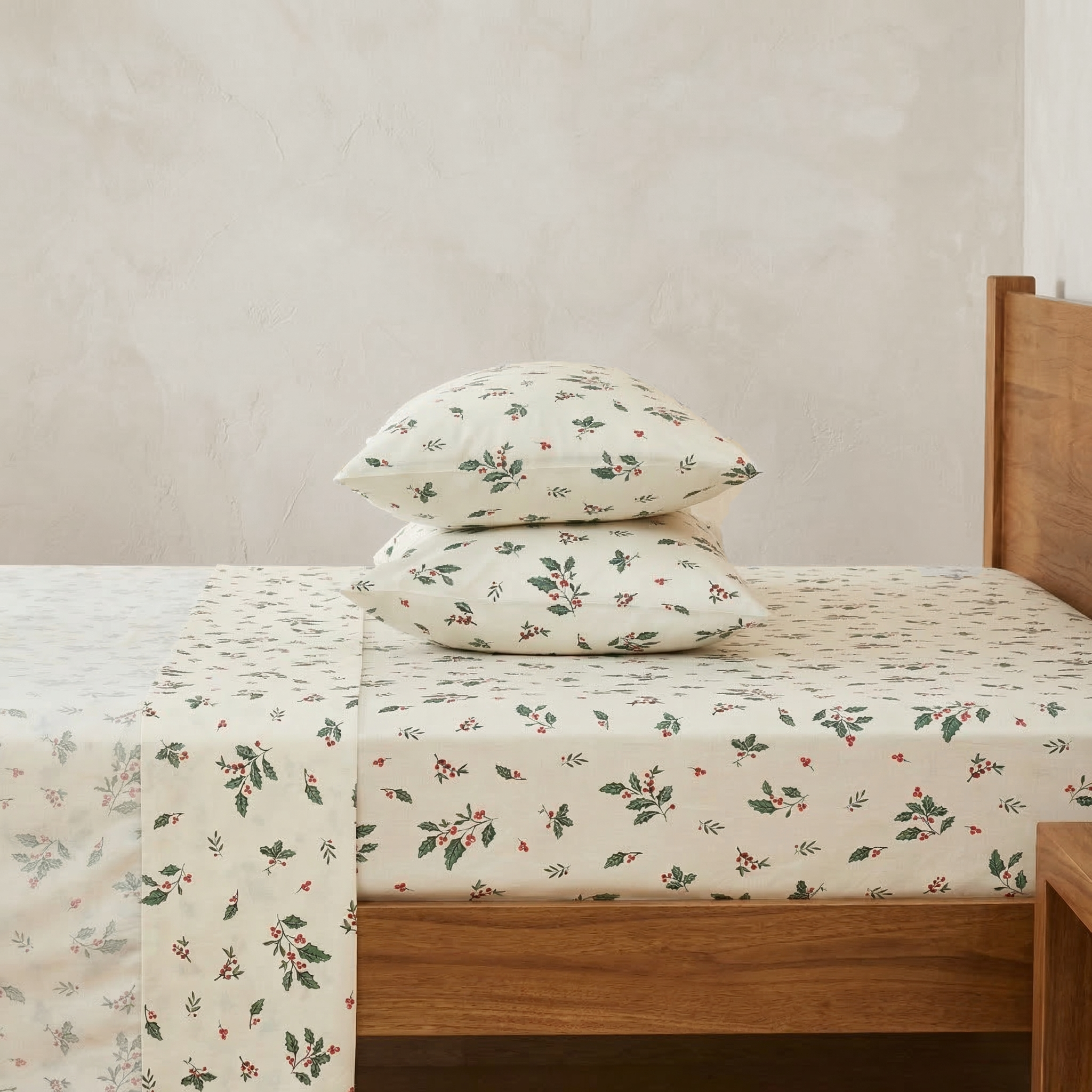 Tasteful Christmas aesthetic bedroom featuring the Festive Holly Berry 100% cotton sheet set on a warm ivory ground - DAUAOTO