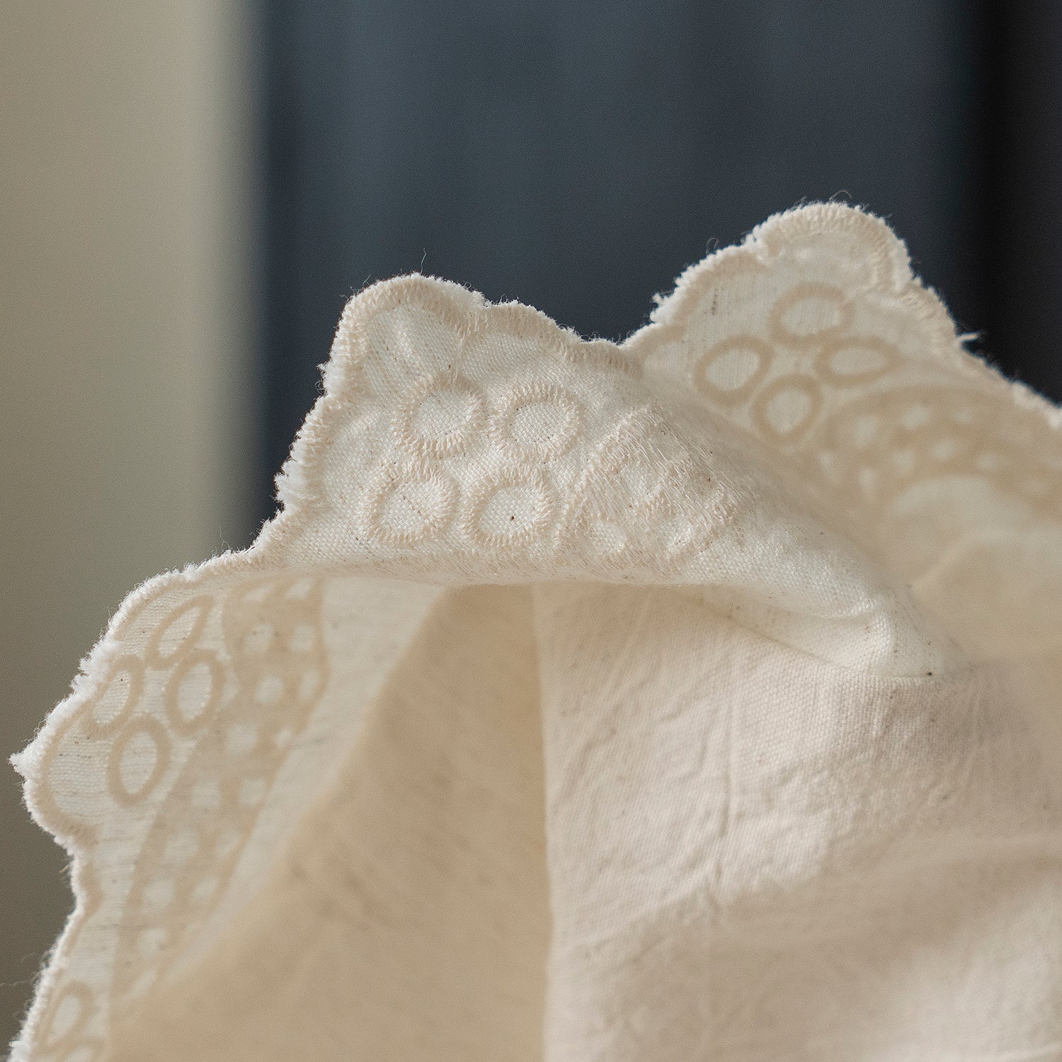 Macro view of the exquisite scalloped eyelet lace detail on the Fontainebleau bedding set.