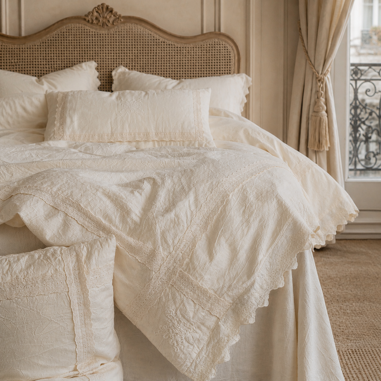 Side view of the Fontainebleau vintage French bedding set highlighting the layered pillowcases and duvet cover.