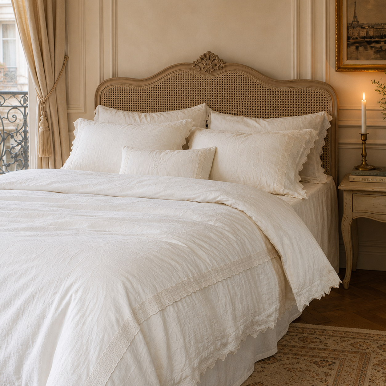 Front view of a vintage rattan bed styled with the Fontainebleau breathable cotton linen bedding collection.