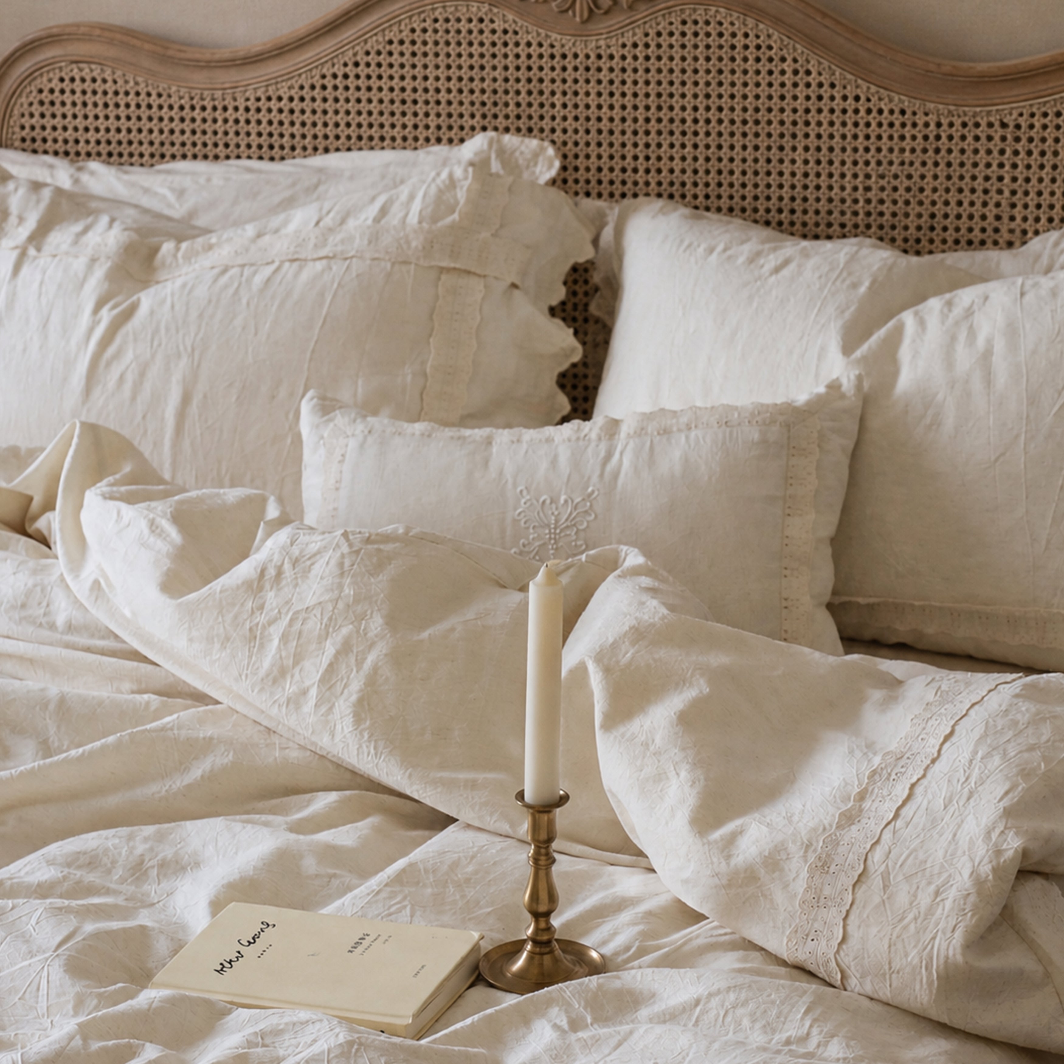 Relaxed styling of the Fontainebleau cotton linen duvet cover, showing its natural crinkled texture and beautiful drape with a book.
