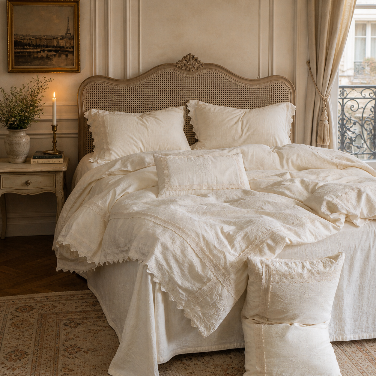 Full view of the Fontainebleau vintage French cotton linen bedding set in a romantic bedroom by DAUAOTO