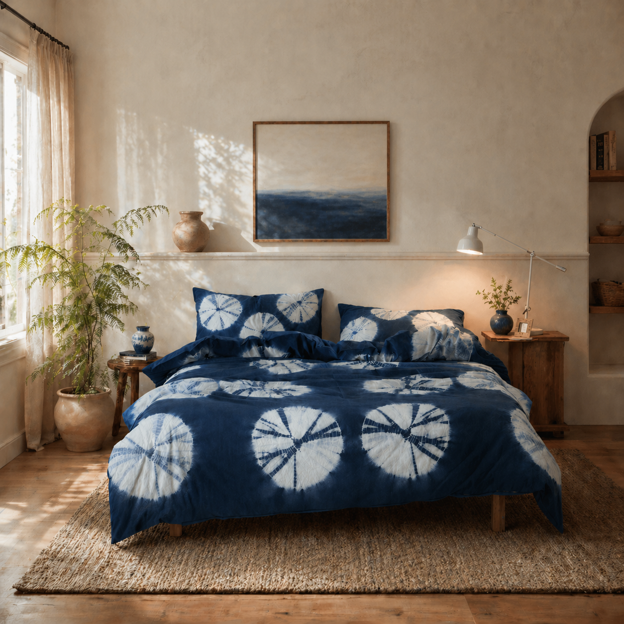 DAUAOTO Indigo Bloom 100% pure cotton duvet cover set displayed on a bed in a minimalist wabi-sabi bedroom.