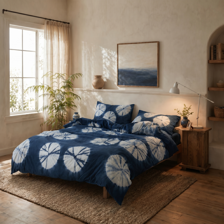 Side view of a bed dressed in DAUAOTO's handmade botanical tie-dye indigo duvet cover set in a sunlit room.