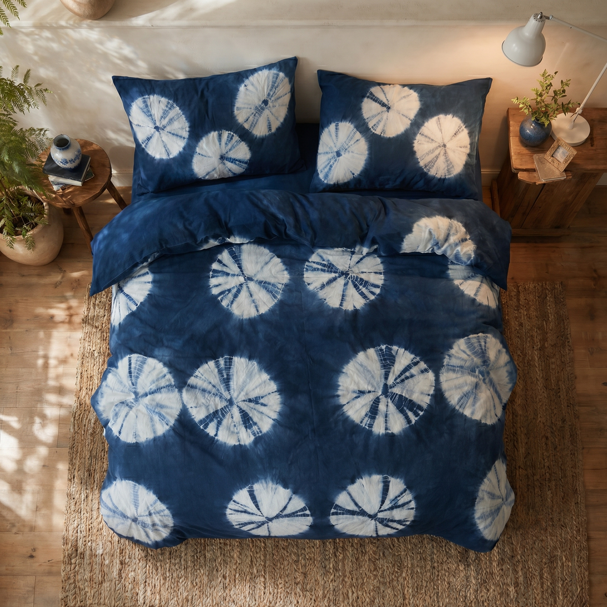 Top-down view of the DAUAOTO Indigo Bloom duvet cover and matching pillowcases showing the striking white sunburst pattern.