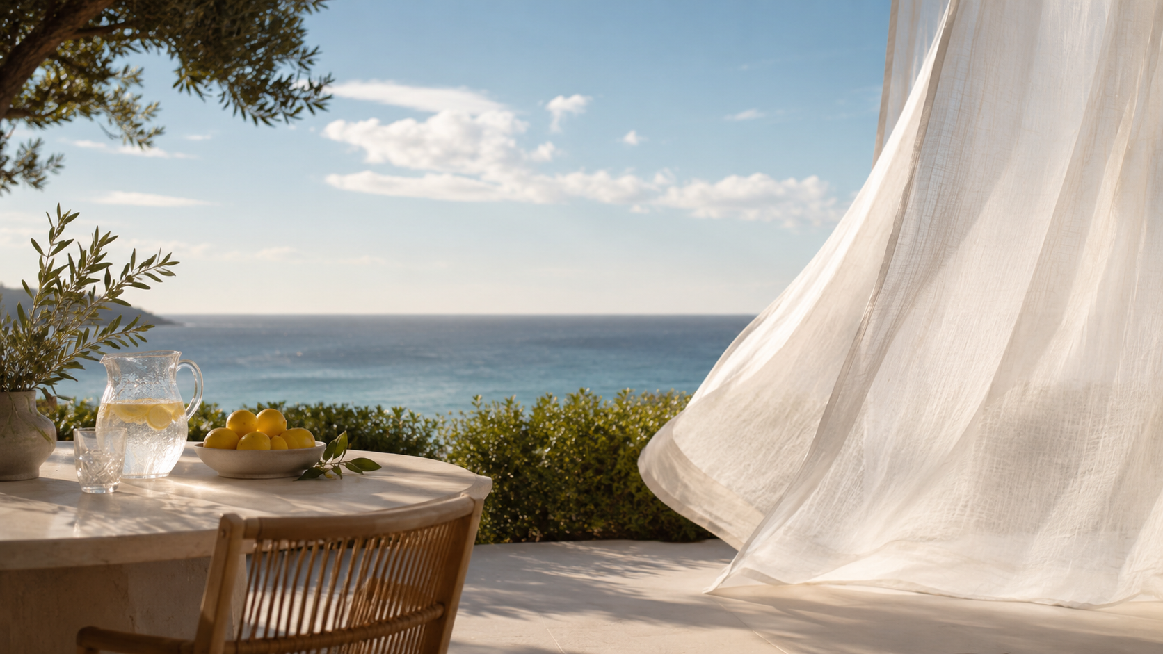 DAUAOTO lifestyle banner featuring breezy white sheer curtains on a sunny coastal patio, representing our lightweight summer textiles.