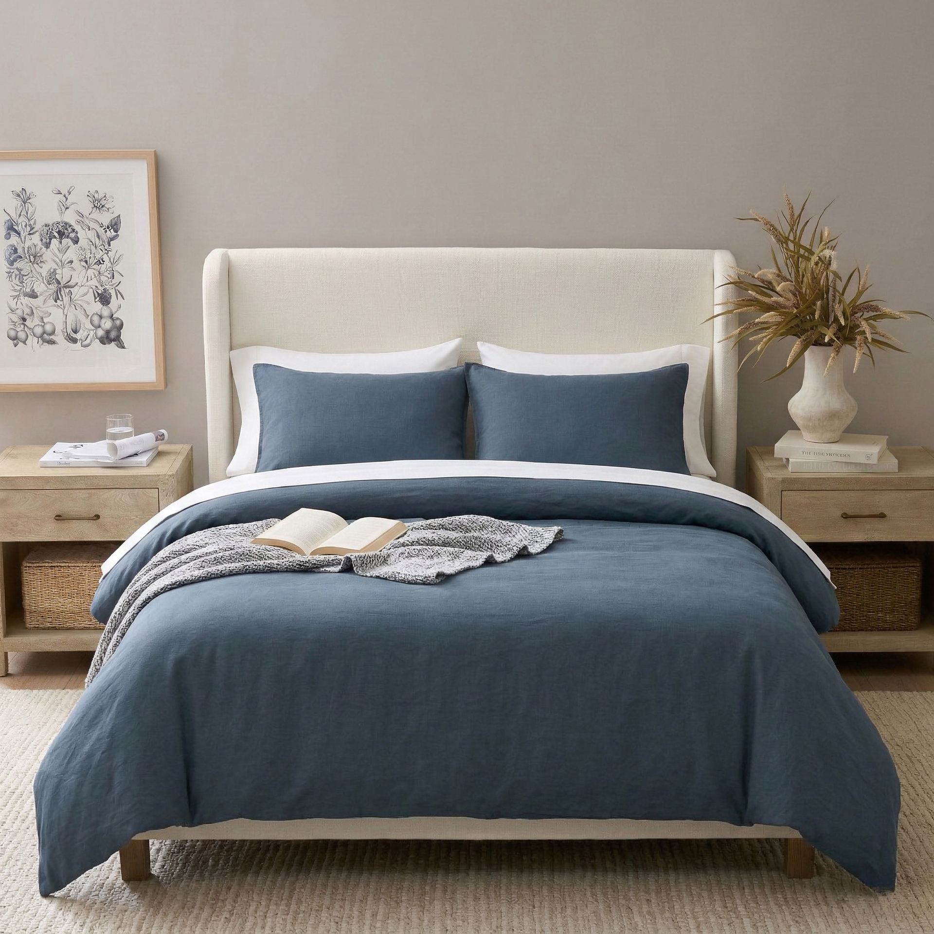 Moody elegance bedroom sanctuary featuring the Midnight Slate Blue 55% linen 45% cotton blend duvet cover set - DAUAOTO