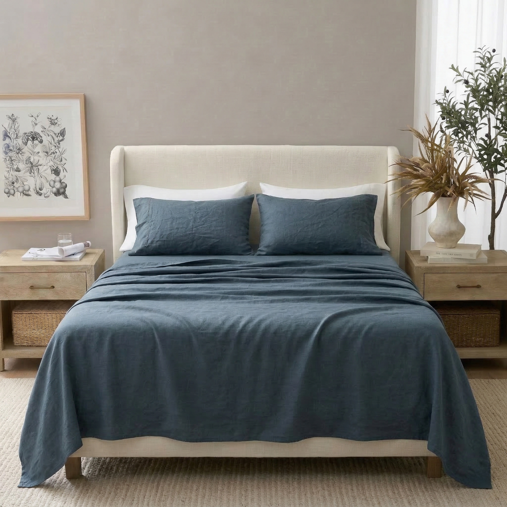 Moody elegance sleep sanctuary featuring the Midnight Slate Blue 55% Linen 45% Cotton Blend Sheet Set - DAUAOTO