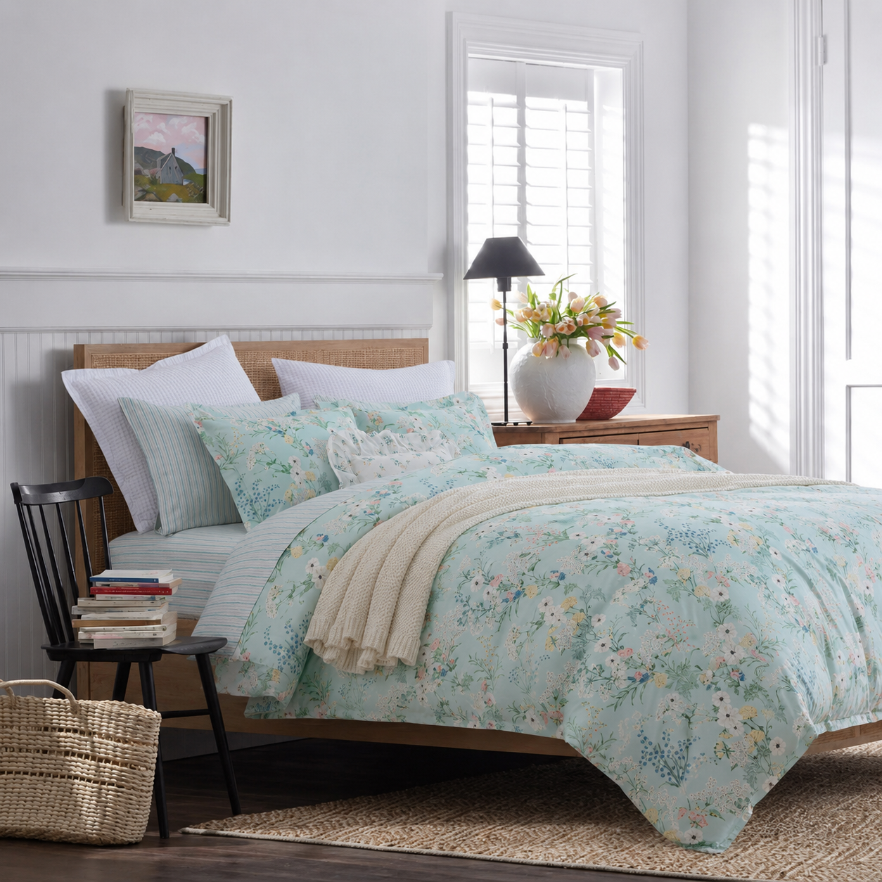 DAUAOTO mint green floral duvet cover set on a wooden bed in a bright cottagecore bedroom.