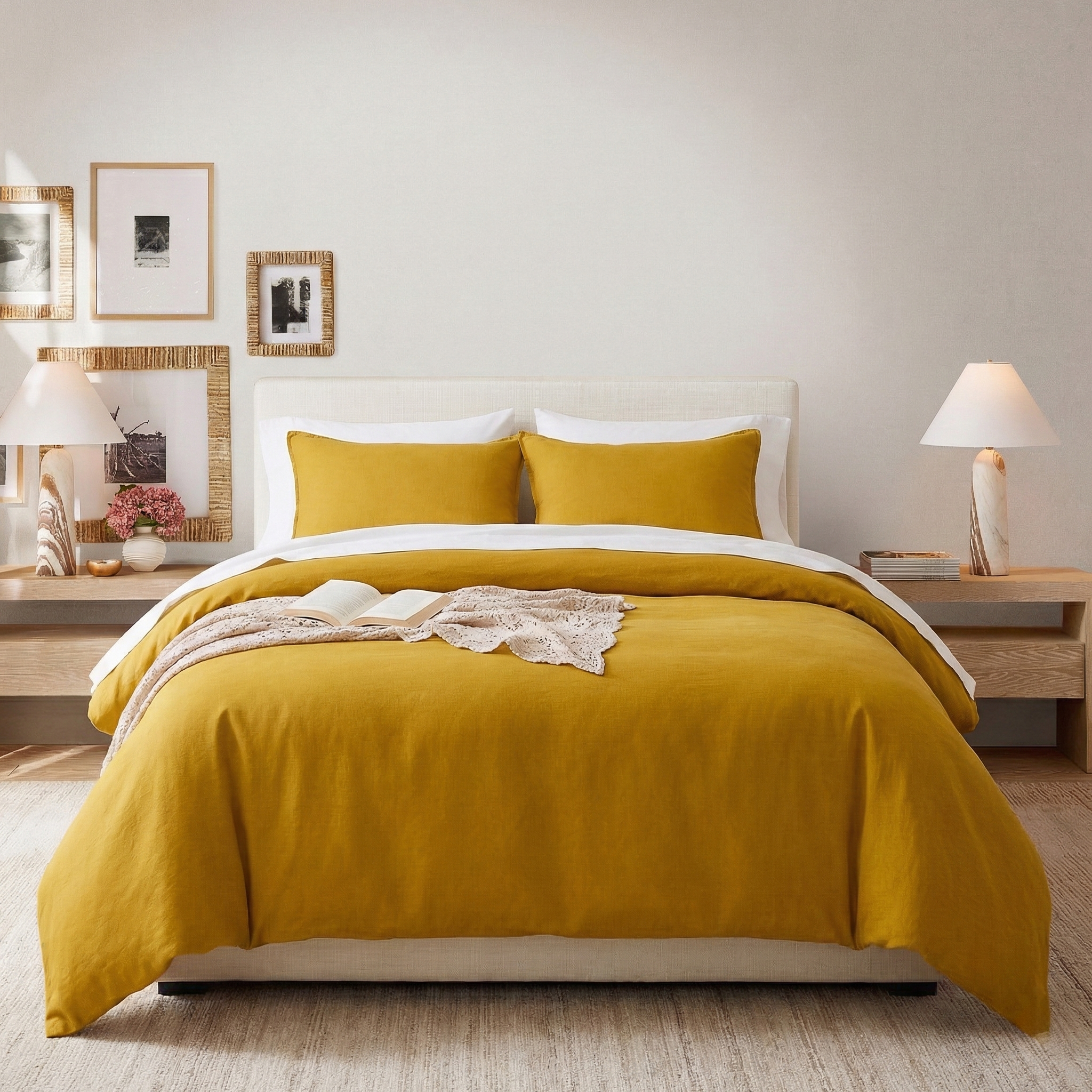 Organic boho-chic bedroom featuring the sun-drenched Mustard Yellow 55% Linen 45% Cotton Blend Duvet Cover Set - DAUAOTO