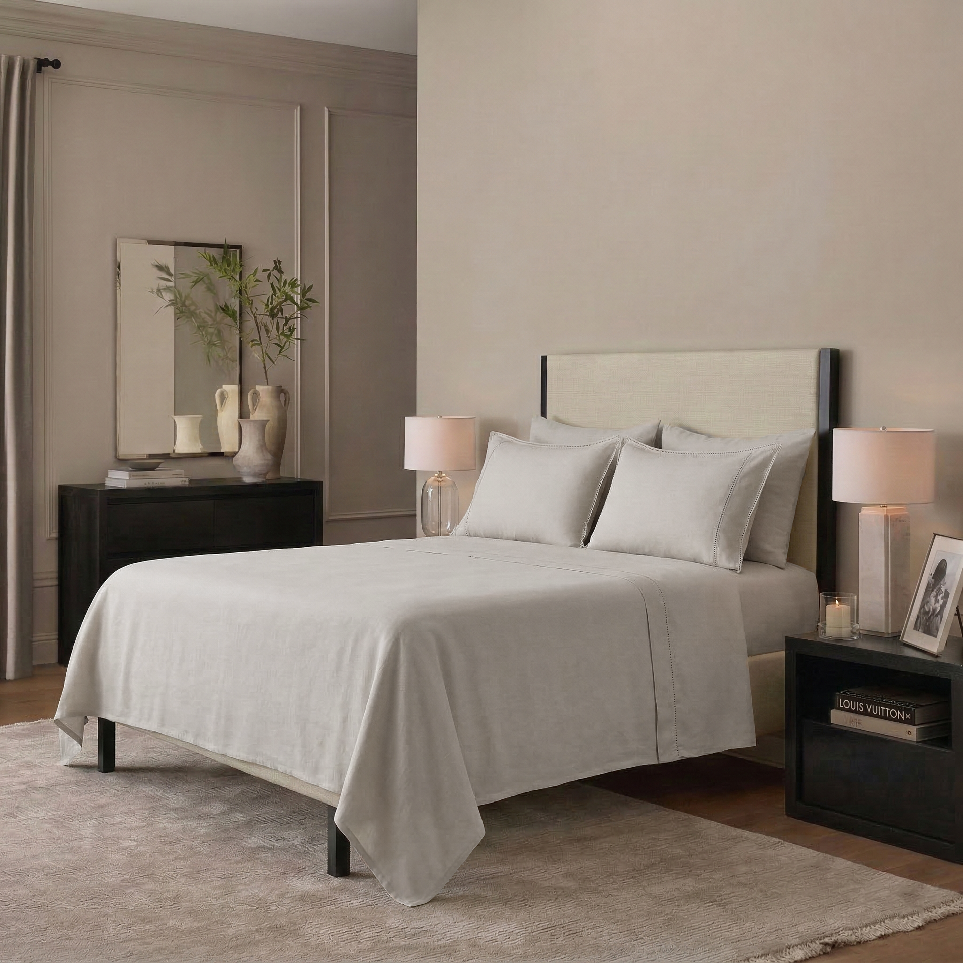 Organic modern bedroom featuring the Natural Oatmeal 55% Linen 45% Cotton Blend Sheet Set in a warm unbleached hue - DAUAOTO
