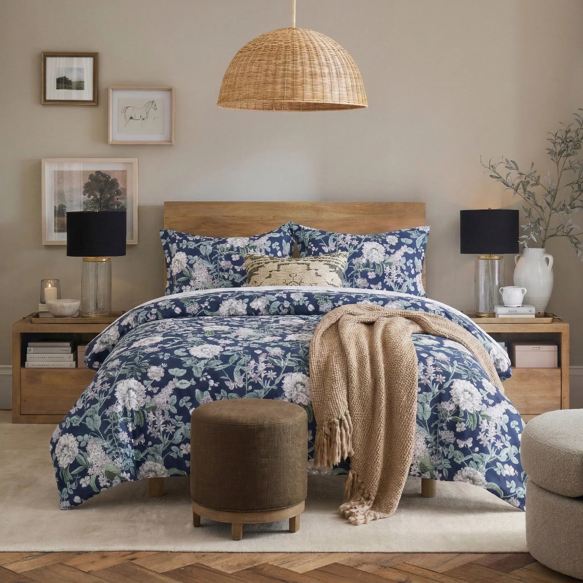Modern farmhouse bedroom featuring the Midnight Botanical 100% Cotton Duvet Cover Set in Navy Blue - DAUAOTO