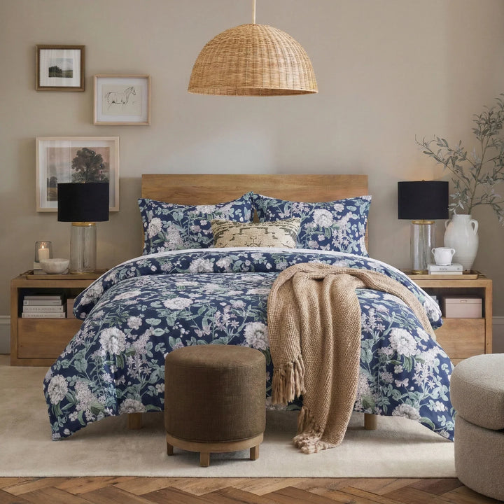 Modern farmhouse bedroom featuring the Midnight Botanical 100% Cotton Duvet Cover Set in Navy Blue - DAUAOTO