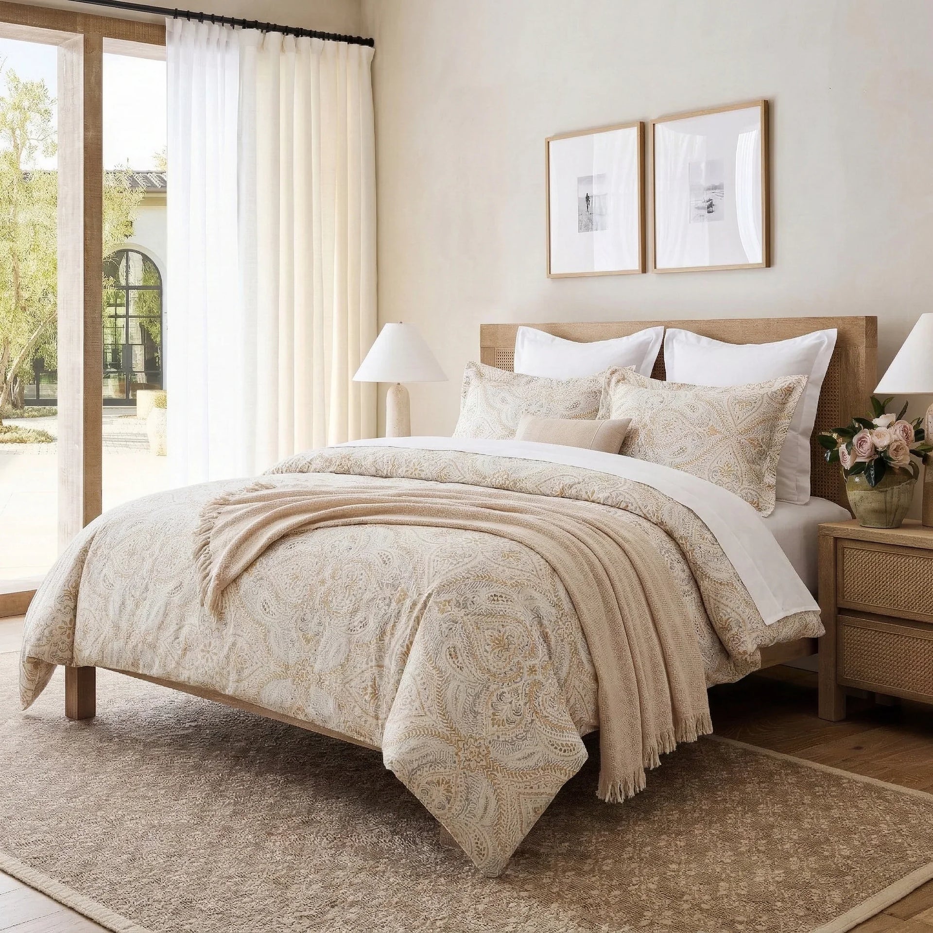 Quiet luxury modern Mediterranean bedroom featuring the Neutral Damask 100% cotton duvet cover set - DAUAOTO