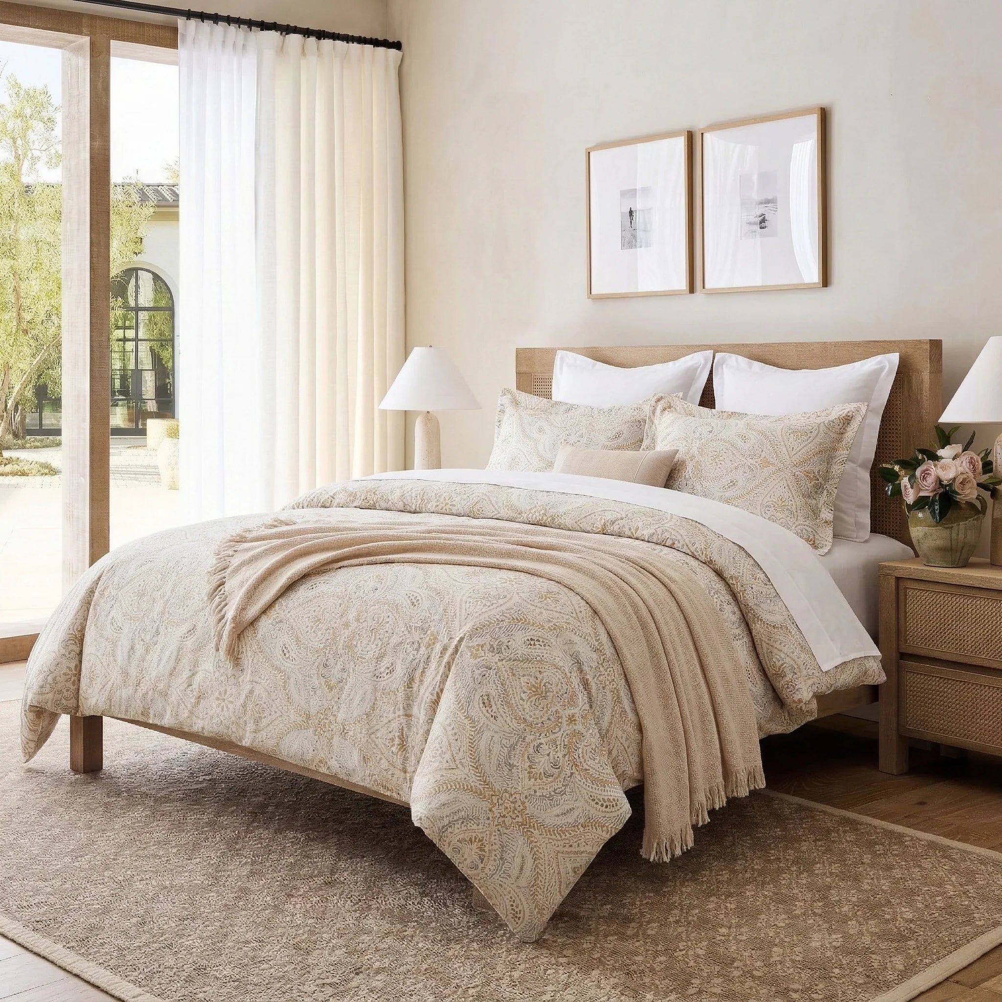 Quiet luxury modern Mediterranean bedroom featuring the Neutral Damask 100% cotton duvet cover set - DAUAOTO