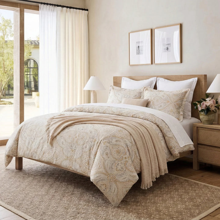 Quiet luxury modern Mediterranean bedroom featuring the Neutral Damask 100% cotton duvet cover set - DAUAOTO