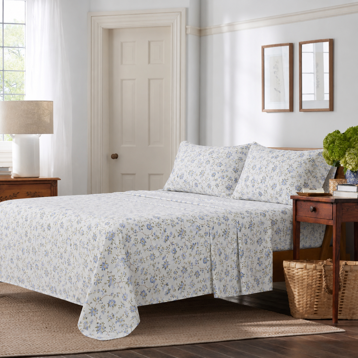 DAUAOTO Provence blue botanical lightweight cotton sheet set on a bed in a bright French country bedroom with a wooden nightstand.