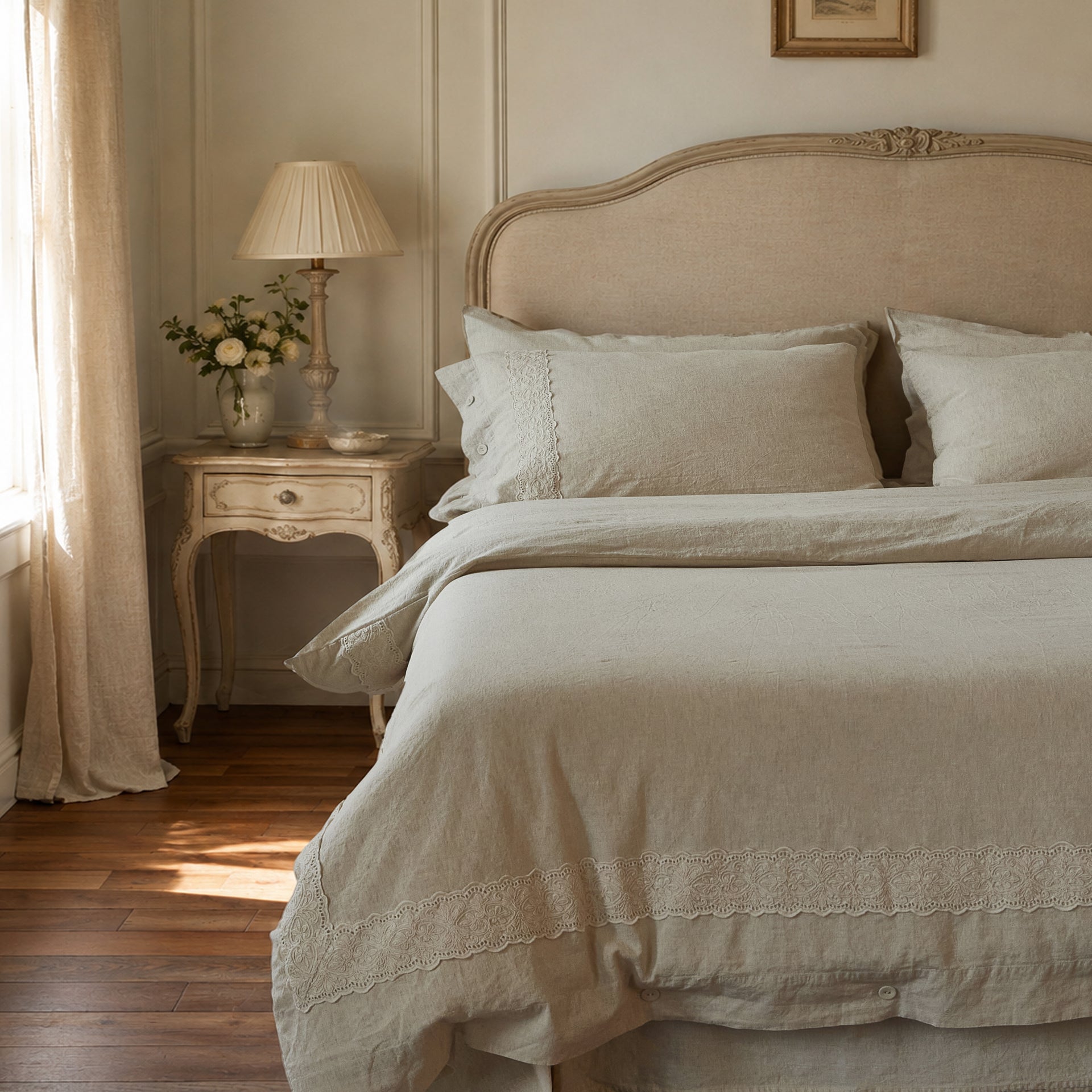 DAUAOTO Provence 40% linen 60% cotton duvet cover set in natural oatmeal, styled in a vintage French bedroom.