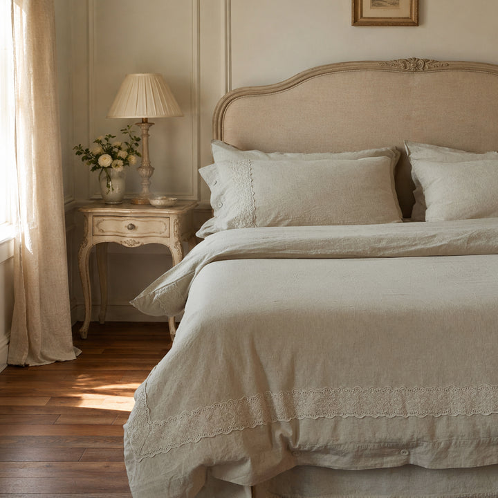 DAUAOTO Provence 40% linen 60% cotton duvet cover set in natural oatmeal, styled in a vintage French bedroom.