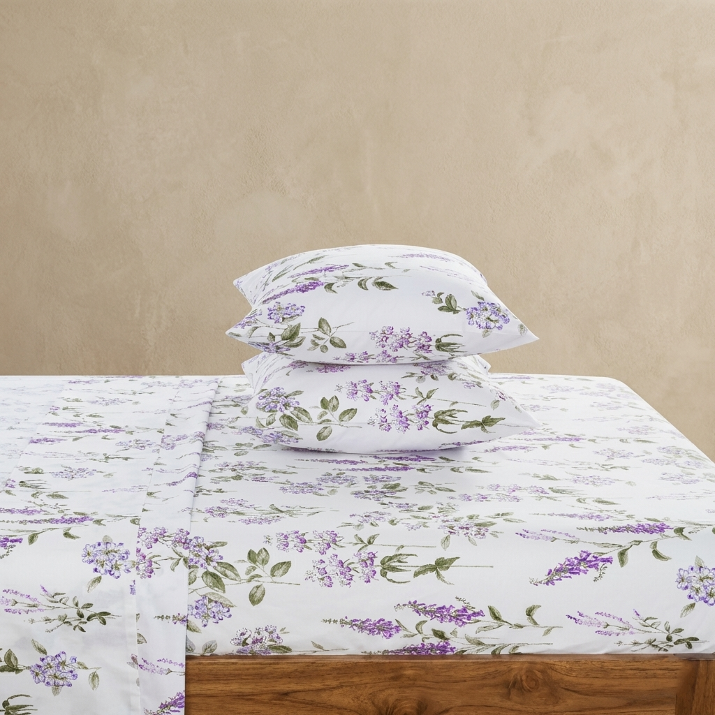 Serene French countryside bedroom featuring the breathable Romantic Lilac Botanical 100% pure cotton sheet set - DAUAOTO