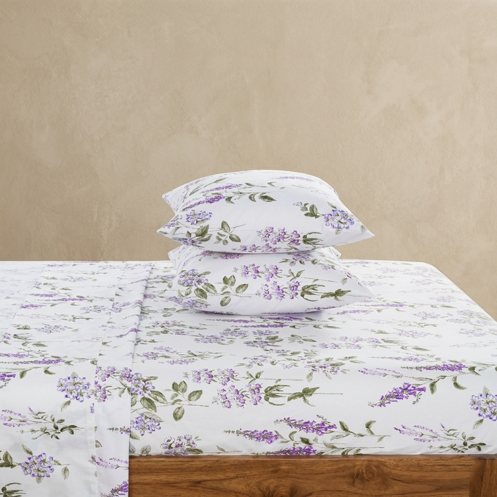 Serene French countryside bedroom featuring the breathable Romantic Lilac Botanical 100% pure cotton sheet set - DAUAOTO