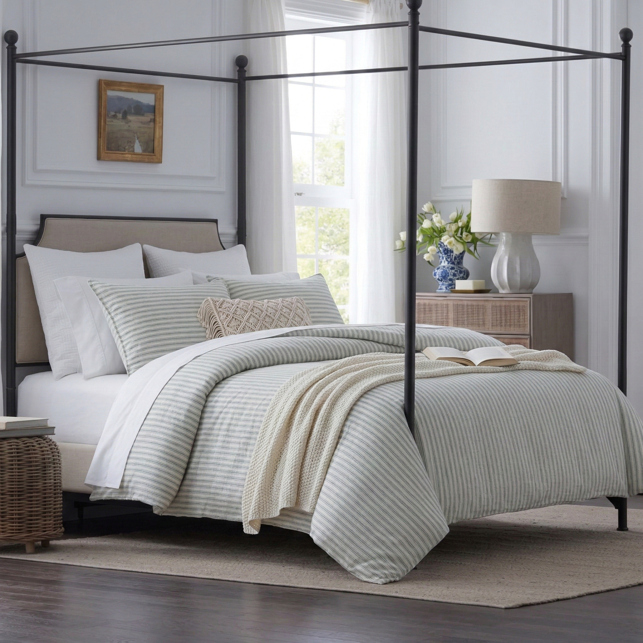 Tranquil and natural sleep oasis featuring the Sage Green Yarn-Dyed Stripe 55% Linen 45% Cotton Blend Duvet Cover Set - DAUAOTO