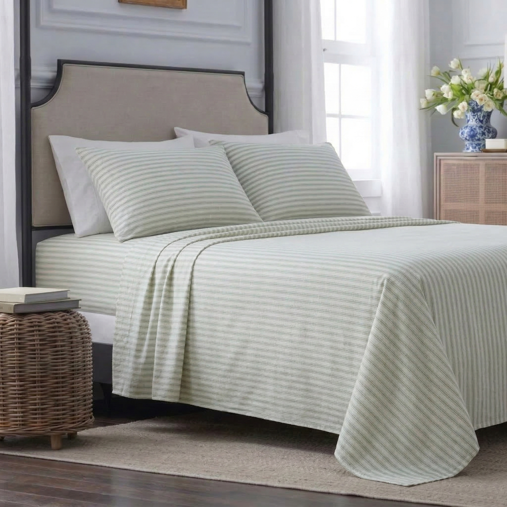 Tranquil and natural sleep oasis featuring the Sage Green Yarn-Dyed Stripe 55% Linen 45% Cotton Blend Sheet Set - DAUAOTO
