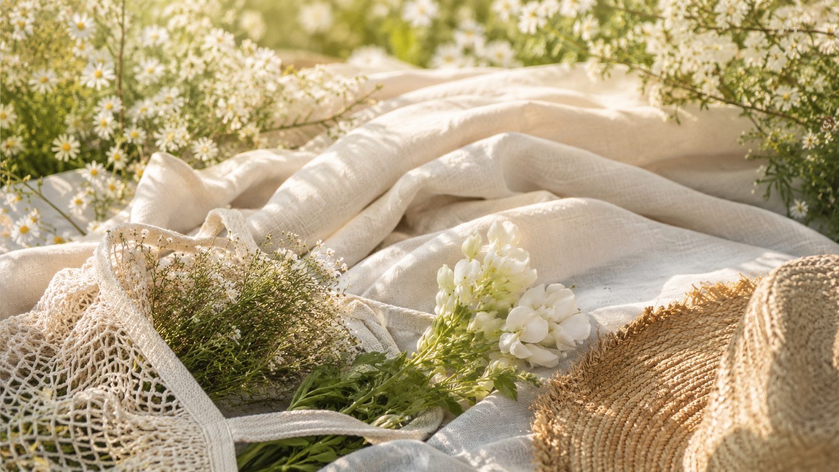Lightweight and breathable cream textured bedding styled outdoors with fresh white flowers for DAUAOTO's Spring Collection.