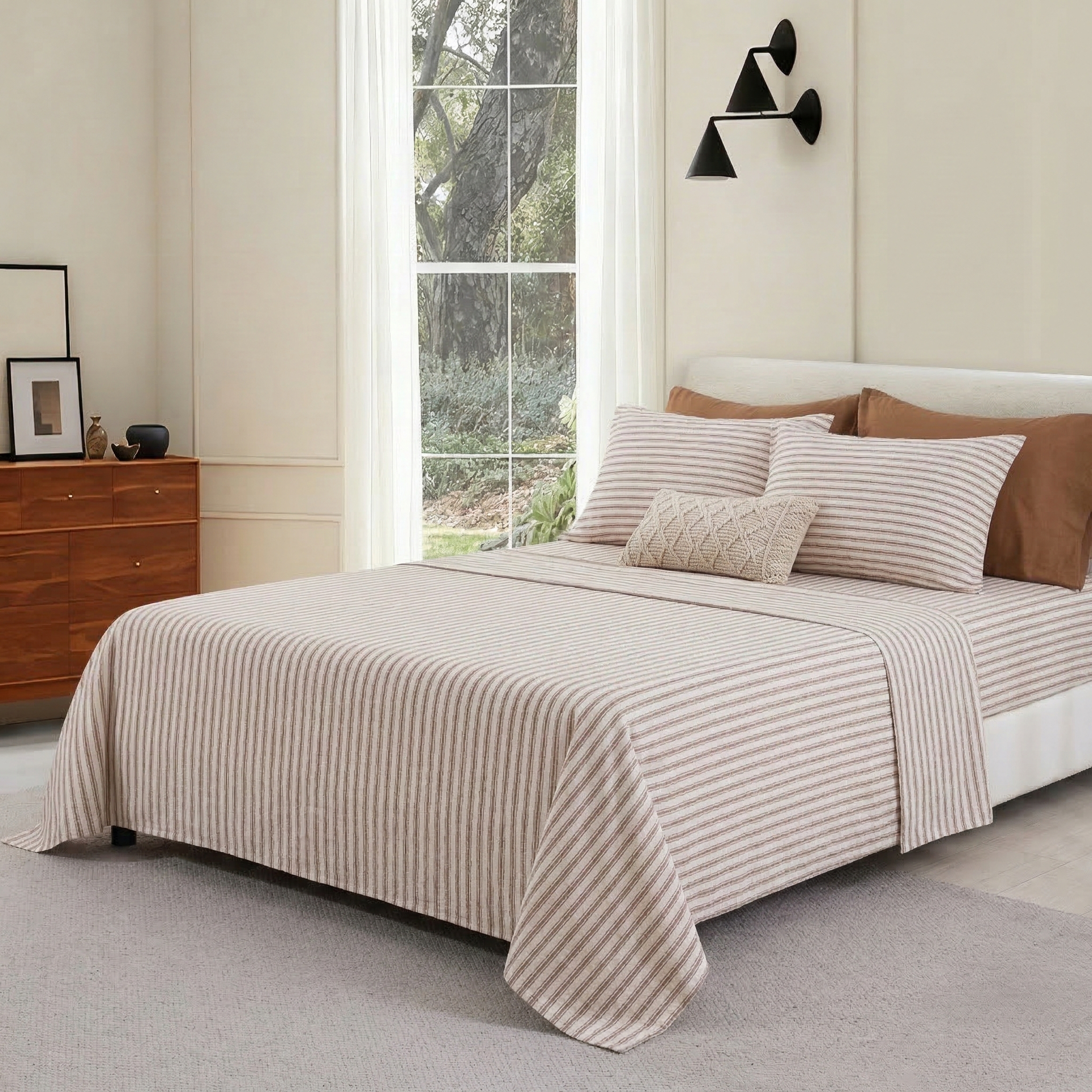 Warm minimalism bedroom sanctuary featuring the Taupe Yarn-Dyed Stripe 55% Linen 45% Cotton Blend Sheet Set - DAUAOTO