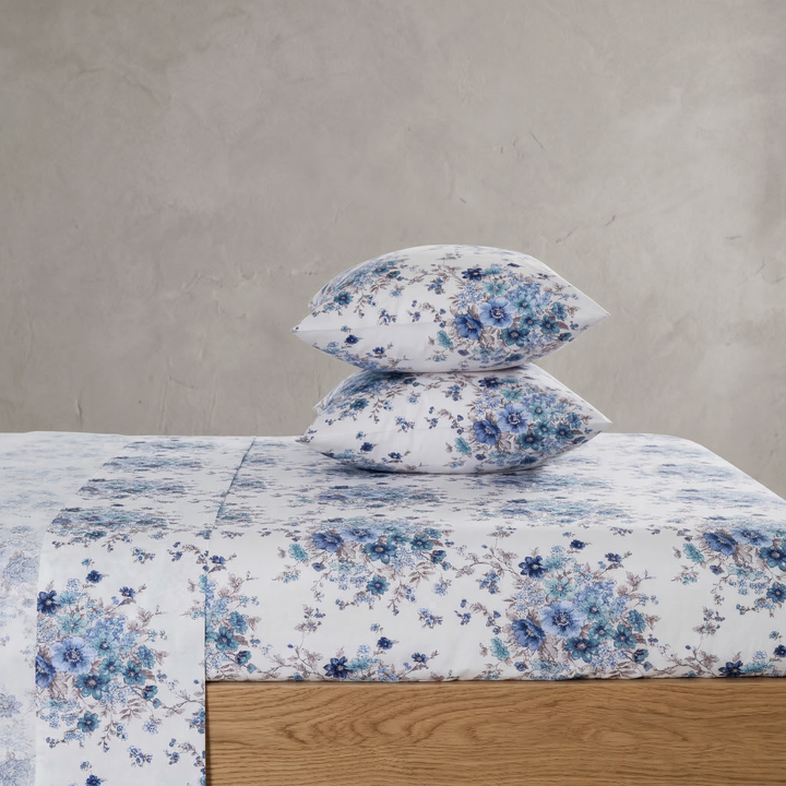 Pastoral French countryside bedroom featuring the Vintage Blue Chintz 100% cotton sheet set - DAUAOTO