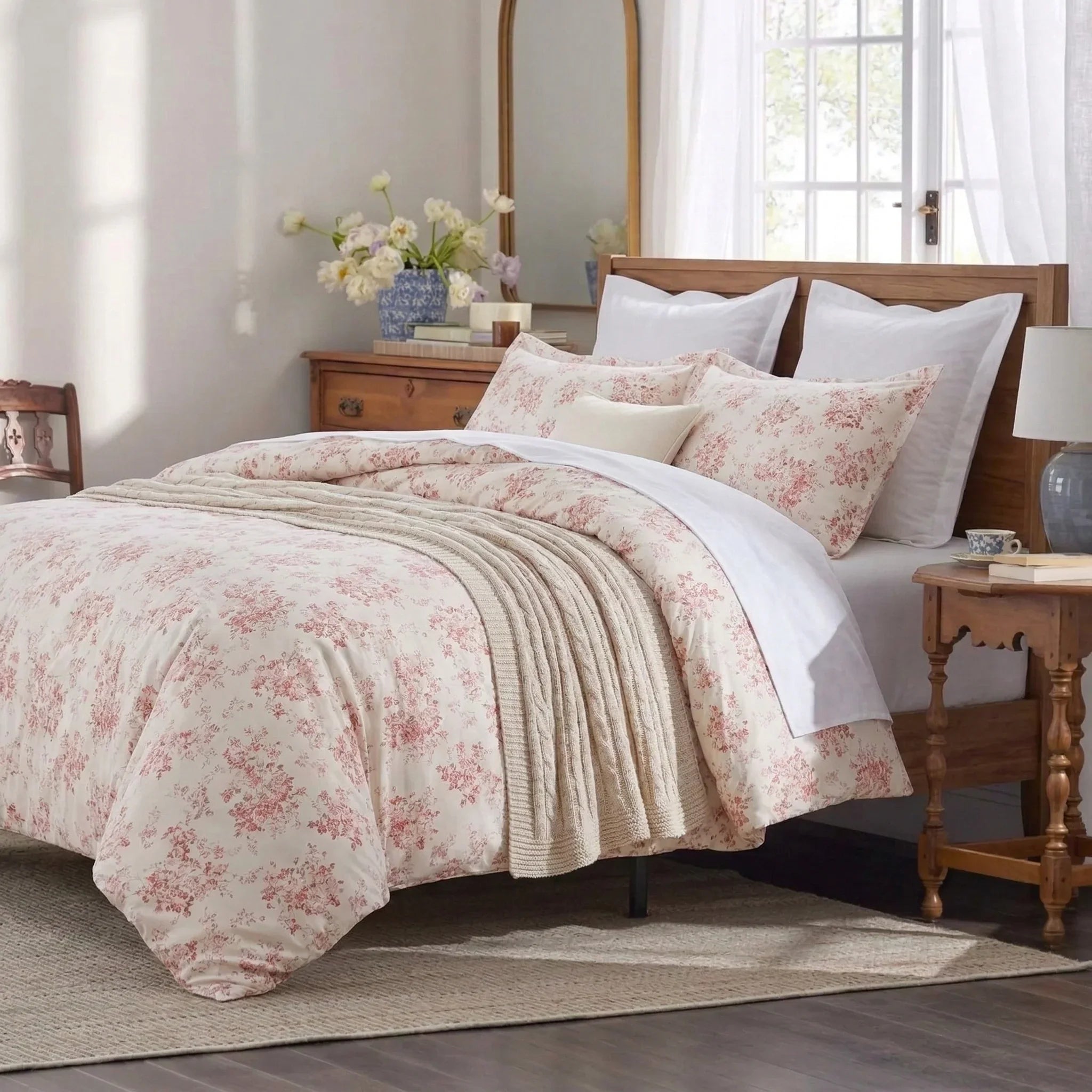 Romantic French country bedroom featuring the Vintage Blush Floral 100% cotton duvet cover set - DAUAOTO