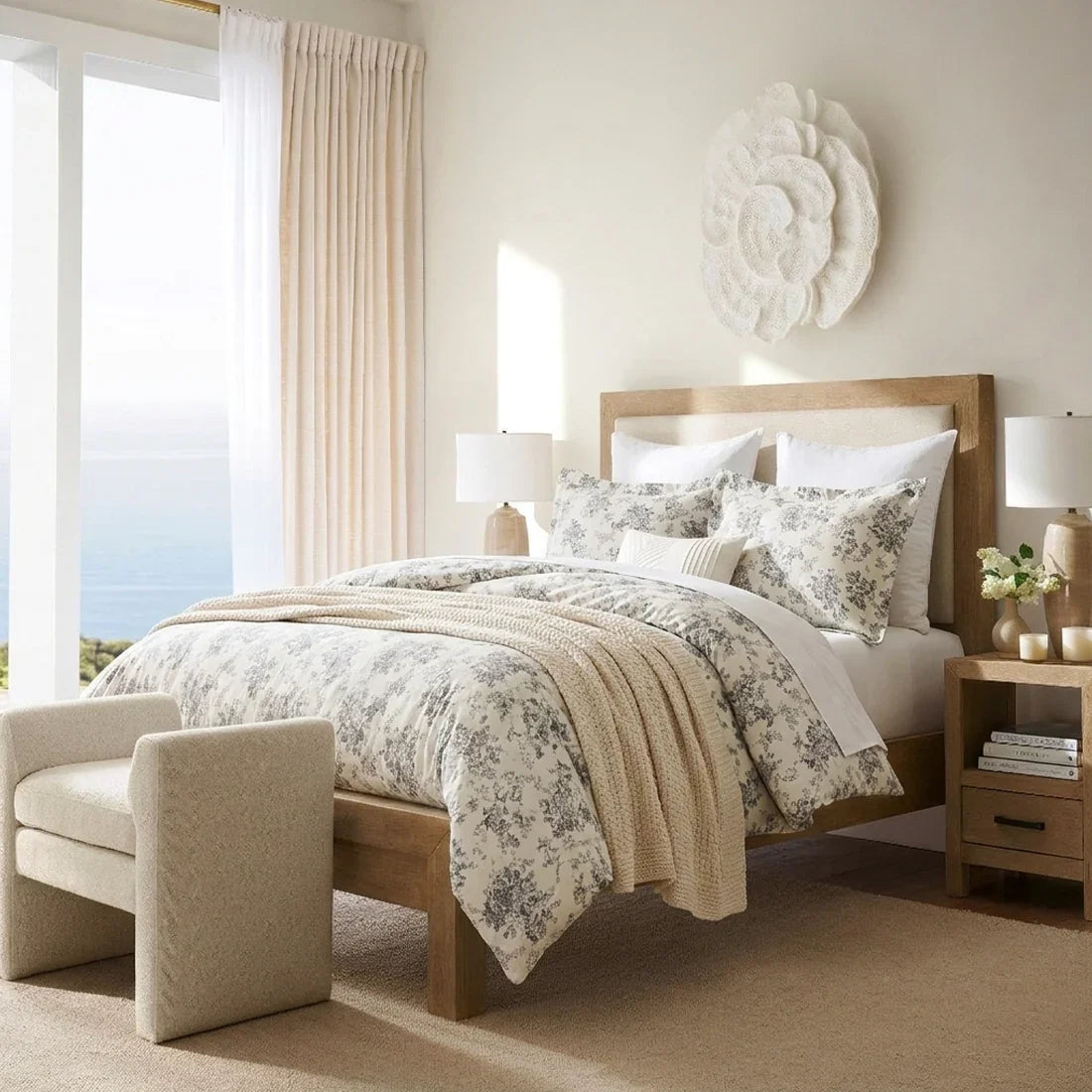 Quiet luxury bedroom in a serene coastal retreat featuring the Vintage Gray Rose Floral 100% cotton duvet cover set - DAUAOTO