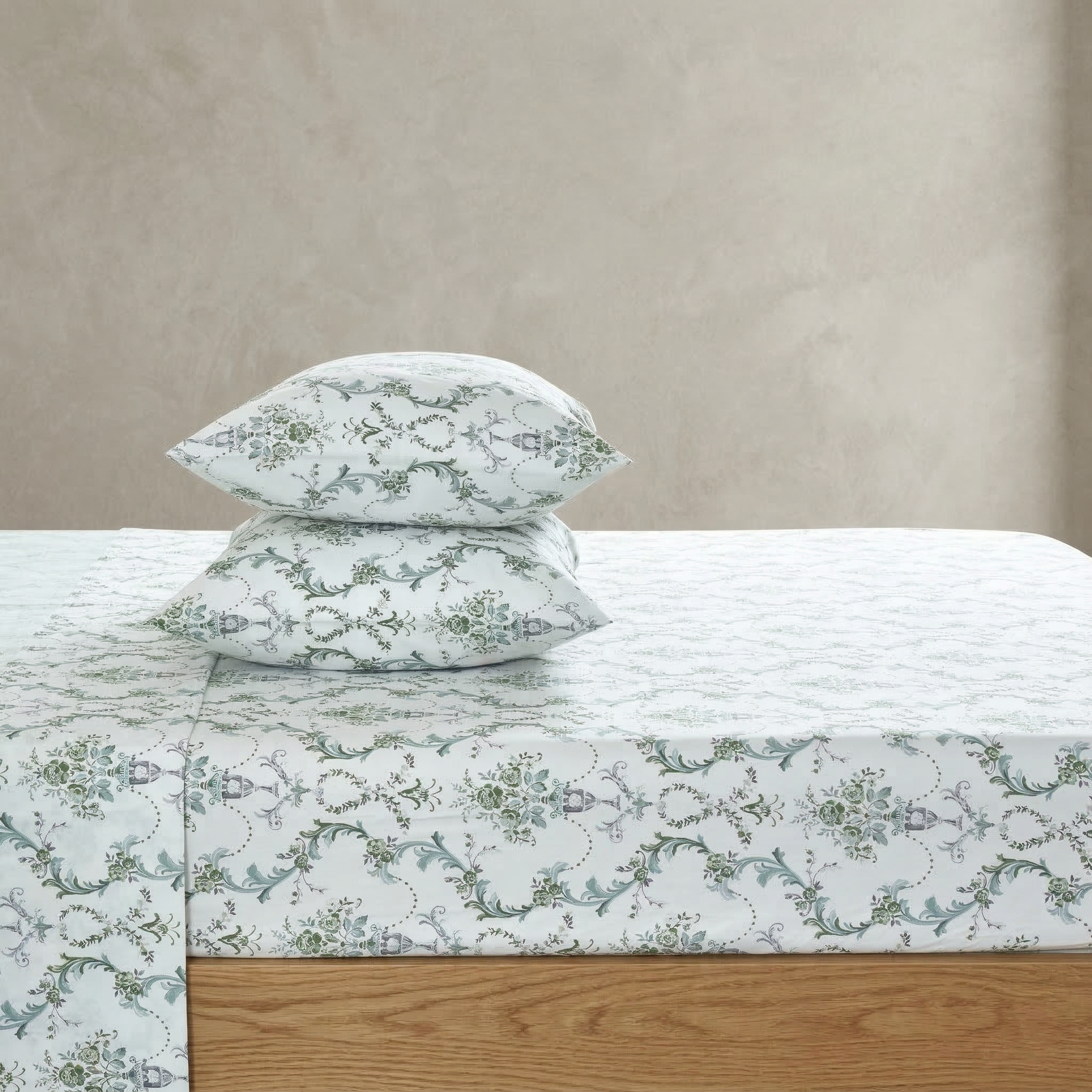 Sophisticated retreat bedroom featuring the Vintage Green Damask 100% cotton sheet set on a warm ivory ground - DAUAOTO