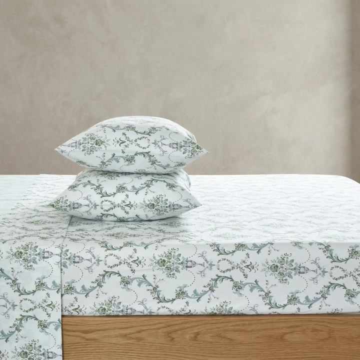 Sophisticated retreat bedroom featuring the Vintage Green Damask 100% cotton sheet set on a warm ivory ground - DAUAOTO
