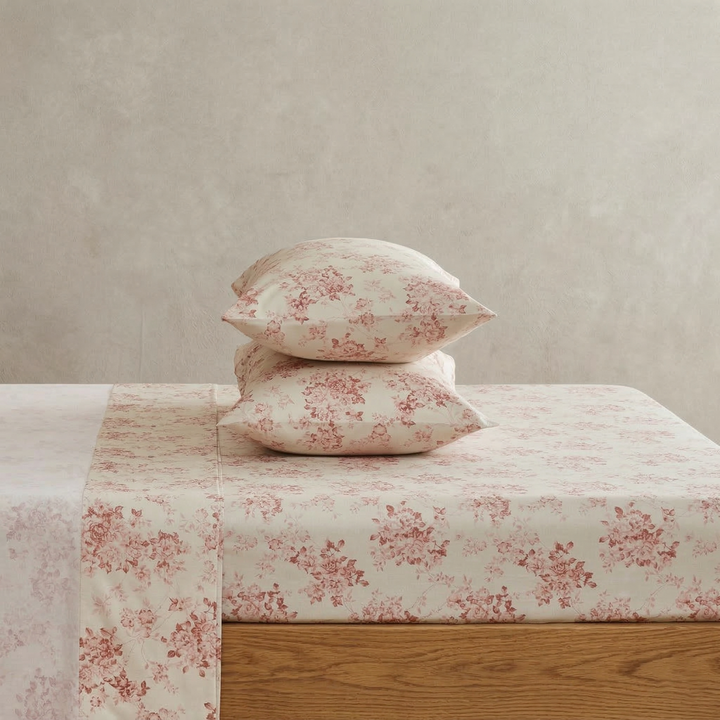 Vintage feminine bedroom featuring the Vintage Pale Rose 100% cotton sheet set on a warm soft background - DAUAOTO