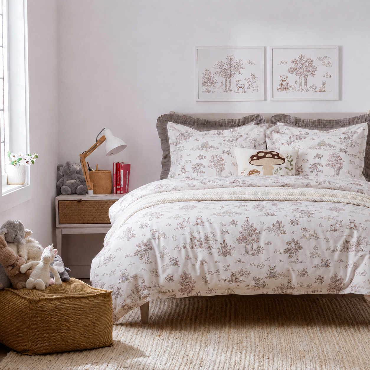 DAUAOTO vintage woodland lightweight cotton duvet cover set on a cozy bed with a mushroom accent pillow.