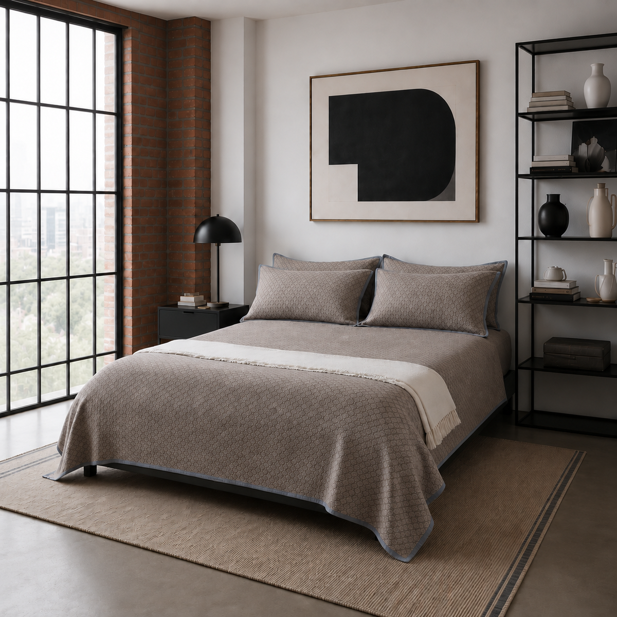Warm taupe diamond jacquard cotton coverlet set with dusty blue-gray trim styled in a modern industrial bedroom.