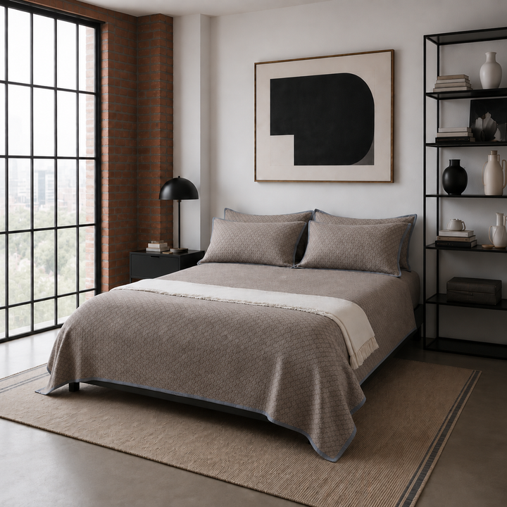 Warm taupe diamond jacquard cotton coverlet set with dusty blue-gray trim styled in a modern industrial bedroom.