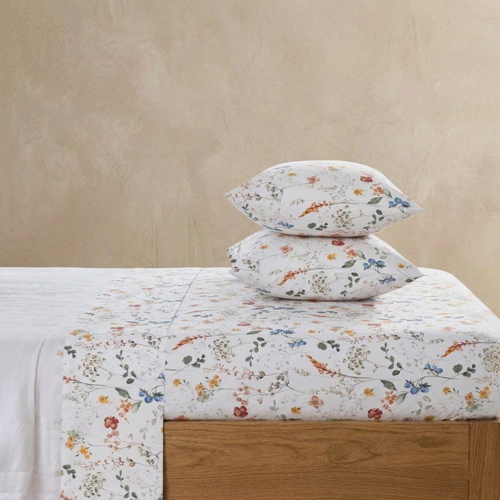 Joyful cottagecore aesthetic bedroom featuring the breathable Watercolor Botanical 100% pure cotton sheet set - DAUAOTO