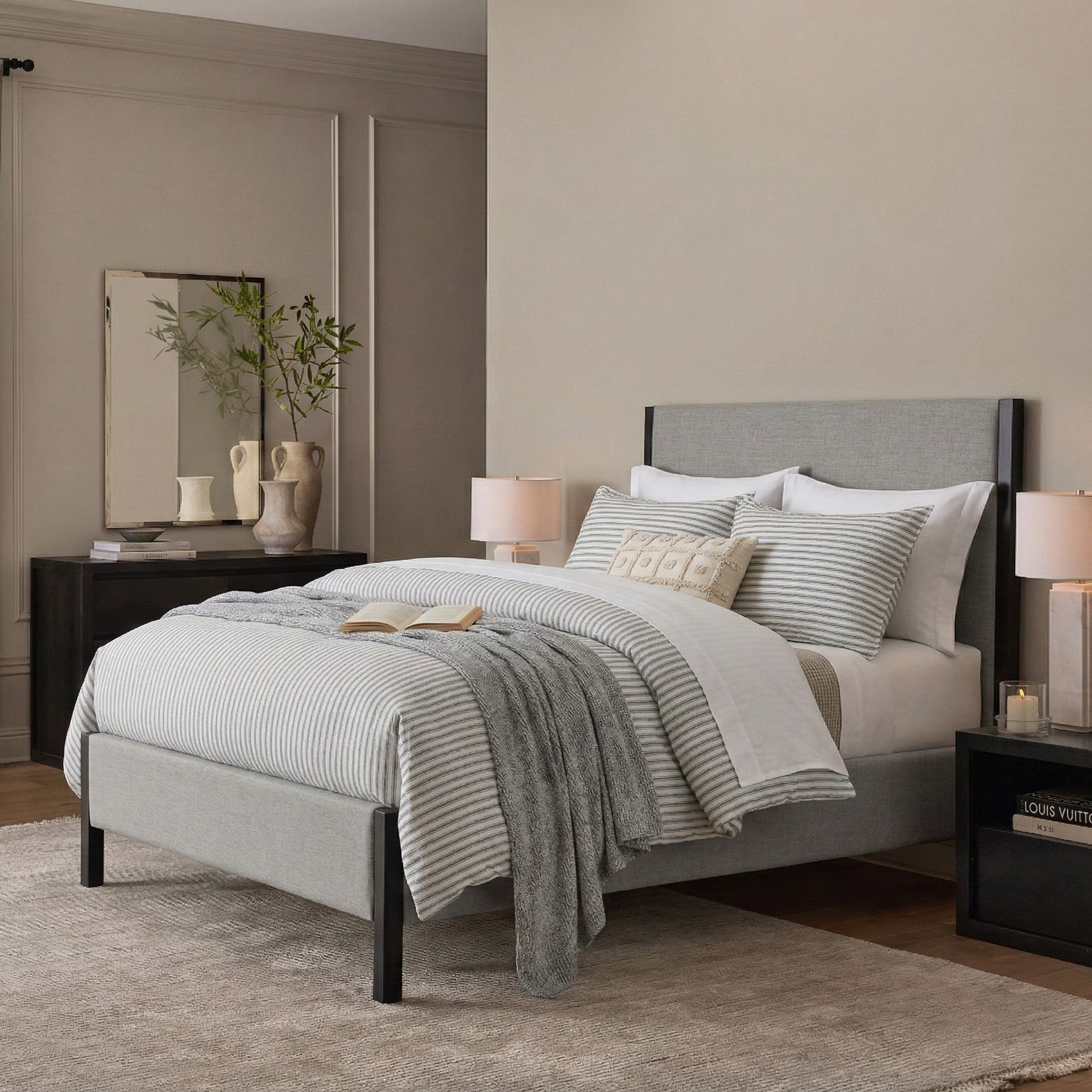 Coastal-inspired bedroom featuring the Yarn-Dyed Stripe 55% Linen 45% Cotton Blend Duvet Cover Set in a relaxed luxury setting - DAUAOTO
