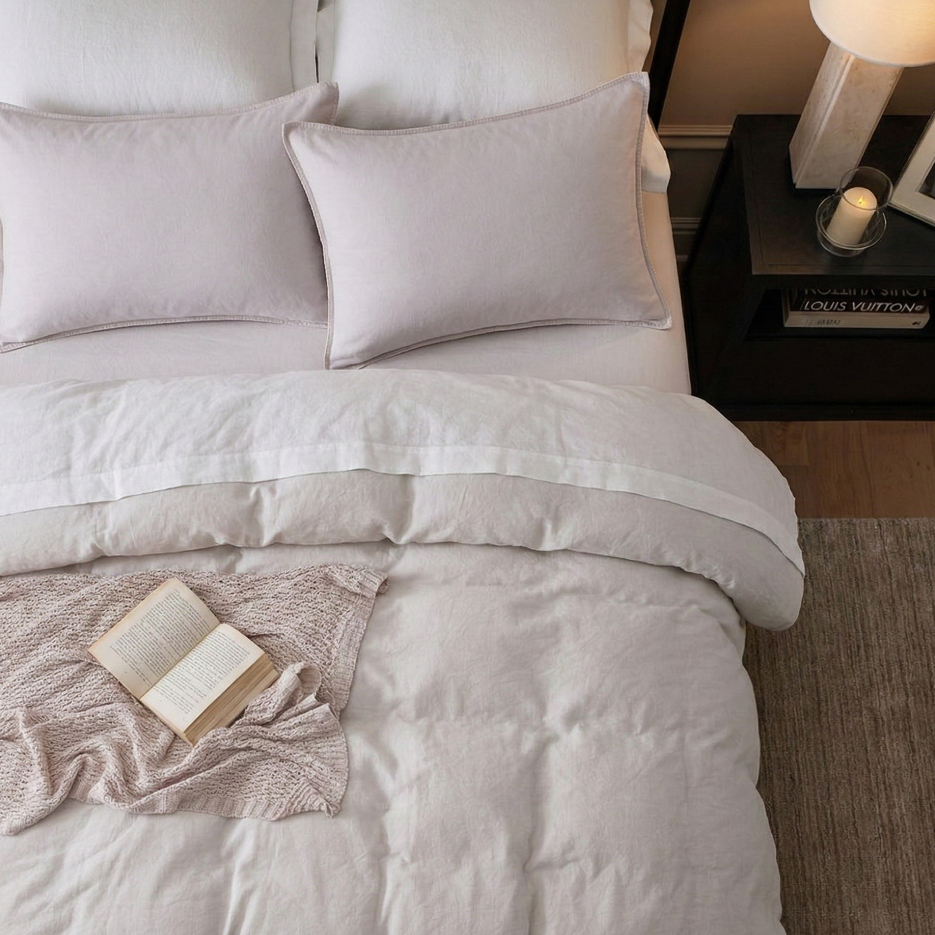 Top-down view of the organic modern dove grey linen cotton bedding with a prewashed lived-in feel - DAUAOTO