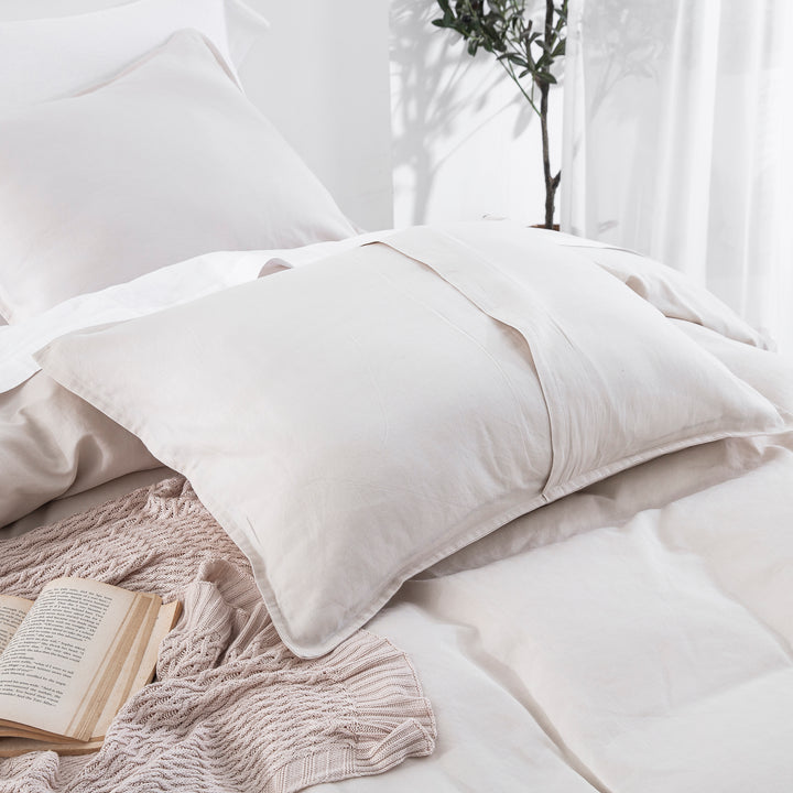 Matching dove grey linen cotton pillow shams with sleek envelope closures and breathable rustic texture - DAUAOTO