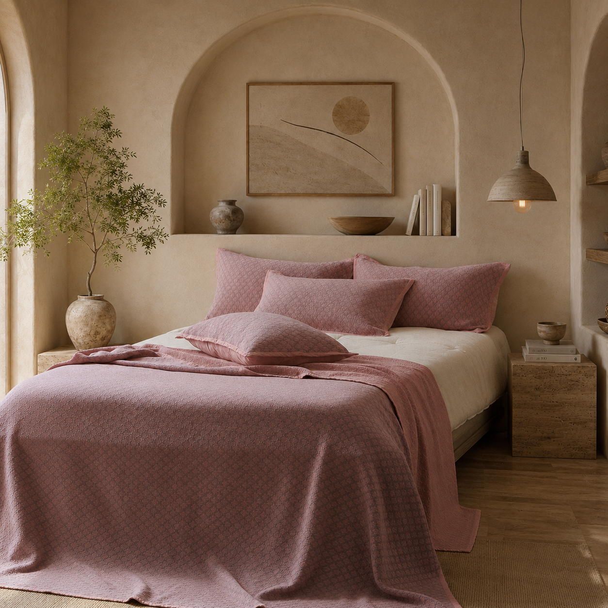 Angled view of a relaxed bed styled with a dusty rose washed cotton quilt and a contrasting white throw blanket.