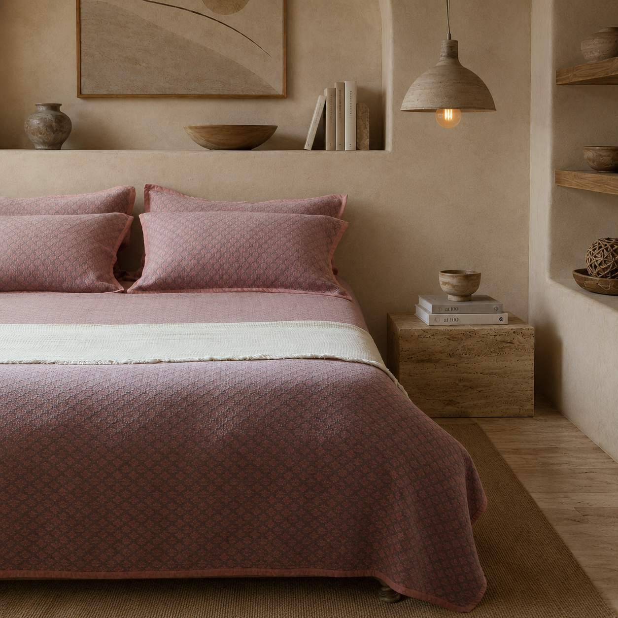Front view of a neatly made bed with a dusty rose coverlet set in a warm, earthy minimalist sanctuary.