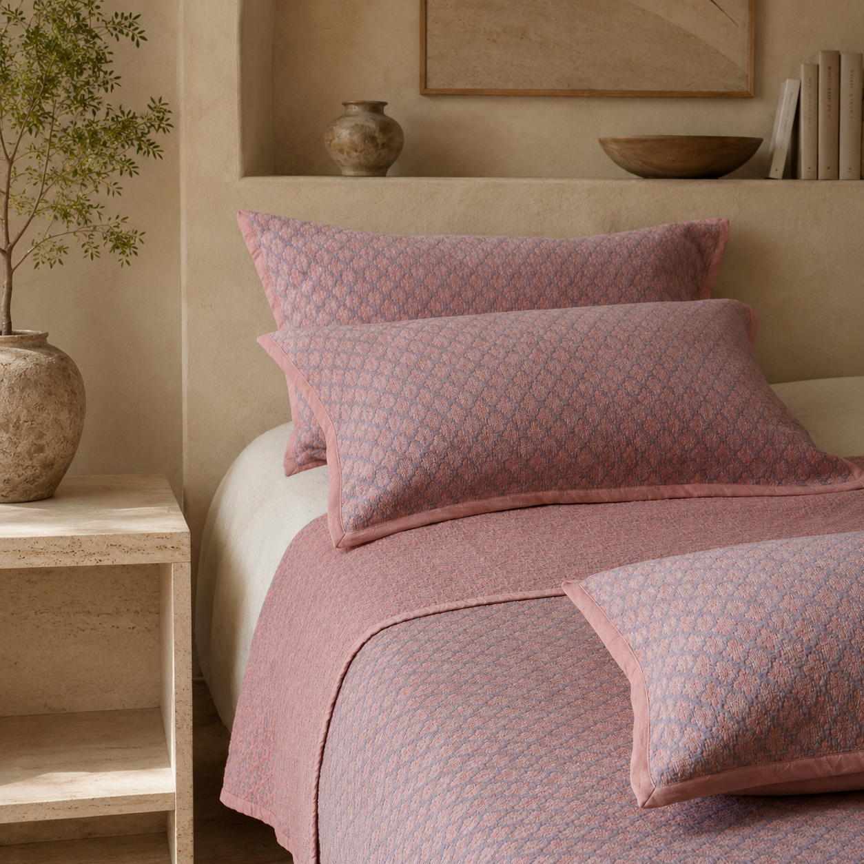 Dusty rose diamond jacquard pillow shams resting on a bed with an earthy plaster wall background.